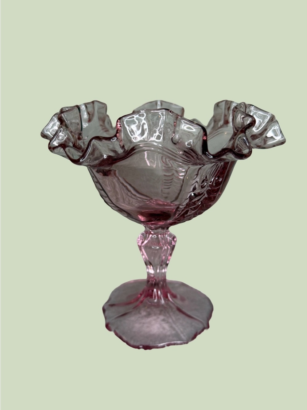 Vintage Fenton Pink Glass Pedestal Compote Candy Dish Ruffled Edge 6”